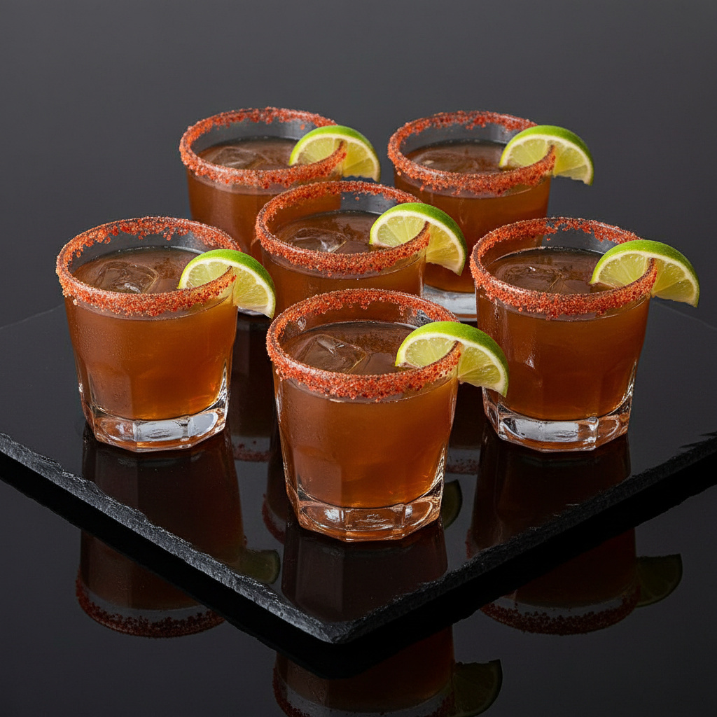 Selection of six cocktails served on a black background