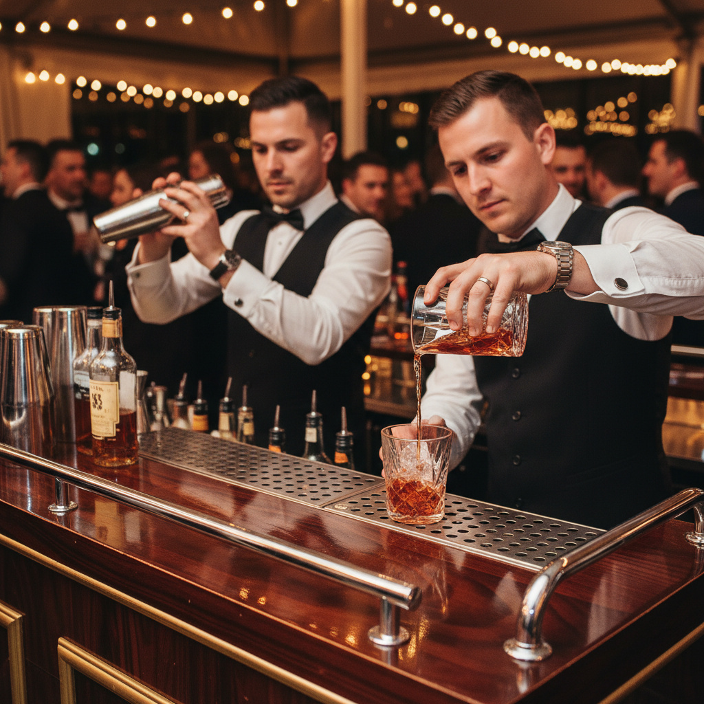 Bartenders crafting drinks behind the bar